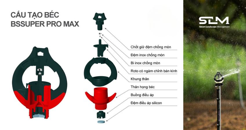 Cấu tạo béc tưới phun mưa điều chỉnh linh hoạt lưu lượng tưới và bán kính tưới